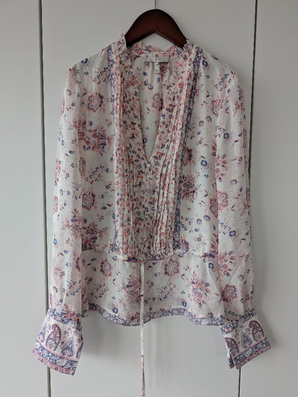 Joie Pink Blue Floral Paisley Pintuck Peplum Blouse Size XS
